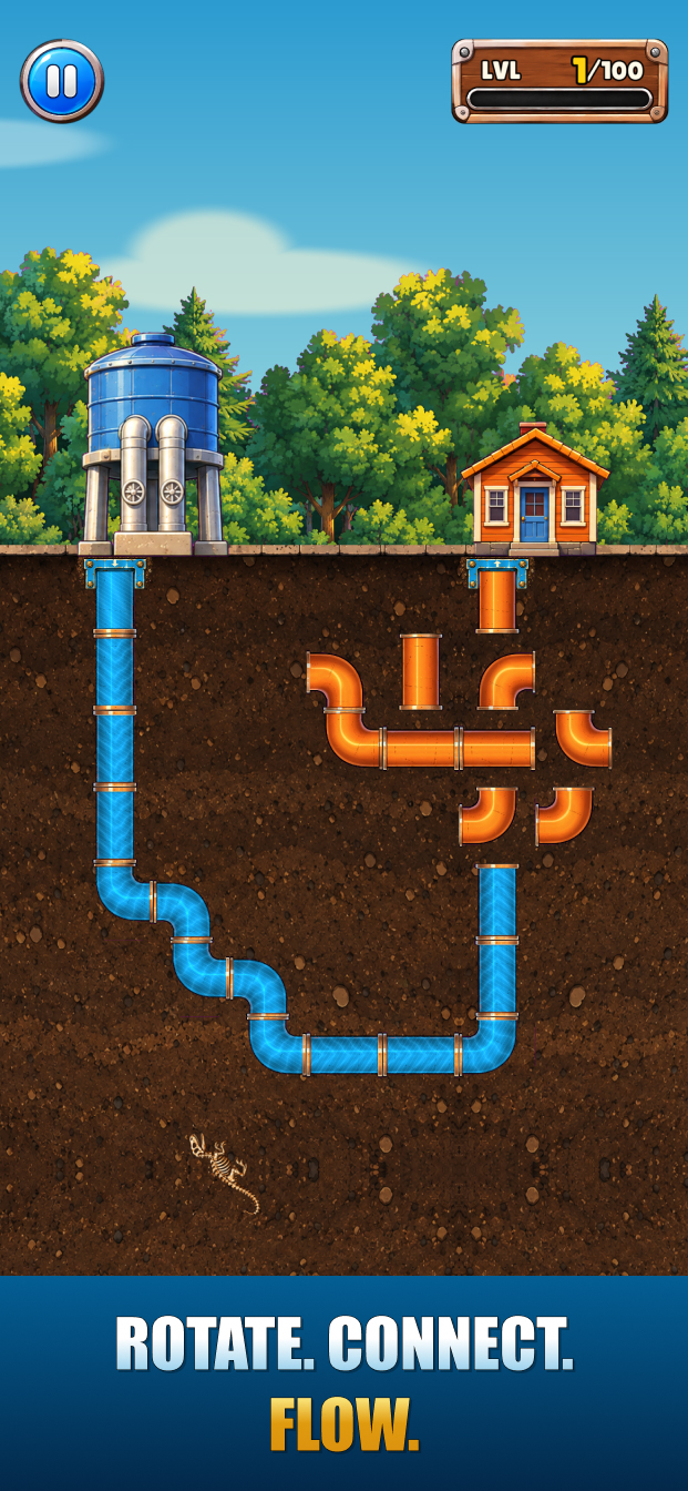 PipeRoll countryside level with a connected water pipeline