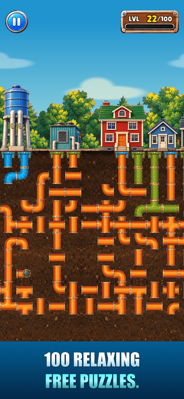 A larger PipeRoll puzzle with many orange pipes