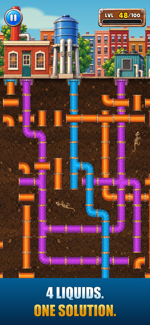 PipeRoll puzzle using blue and purple liquids